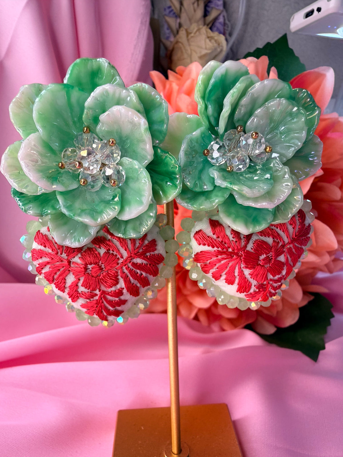 Hand-Embroidered Heart Flower Earrings – Mexican Handmade Statement Jewelry