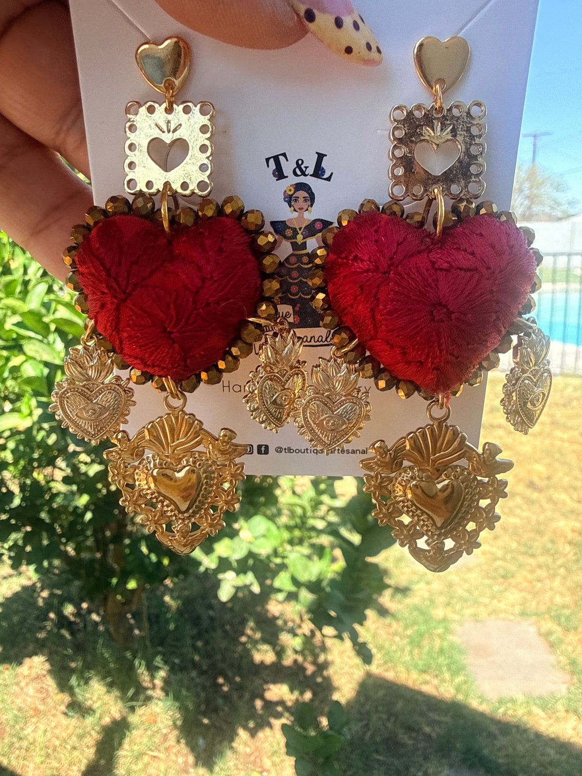 Aretes Bordados a Mano :Naranja – Cristales Dorados, Sagrado Corazón y Papel Picado/ hand made jewelry