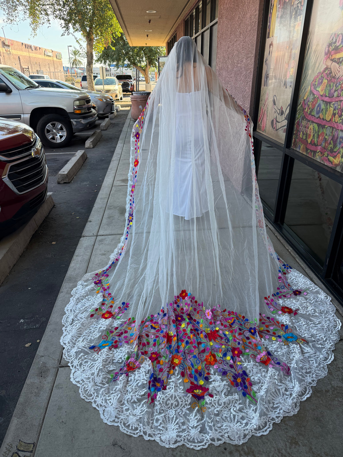 3.5 Meter Hand Embroidered Wedding Veil | Long Bridal Tulle Veil with Mexican Floral Embroidery | Handmade Bridal Veil