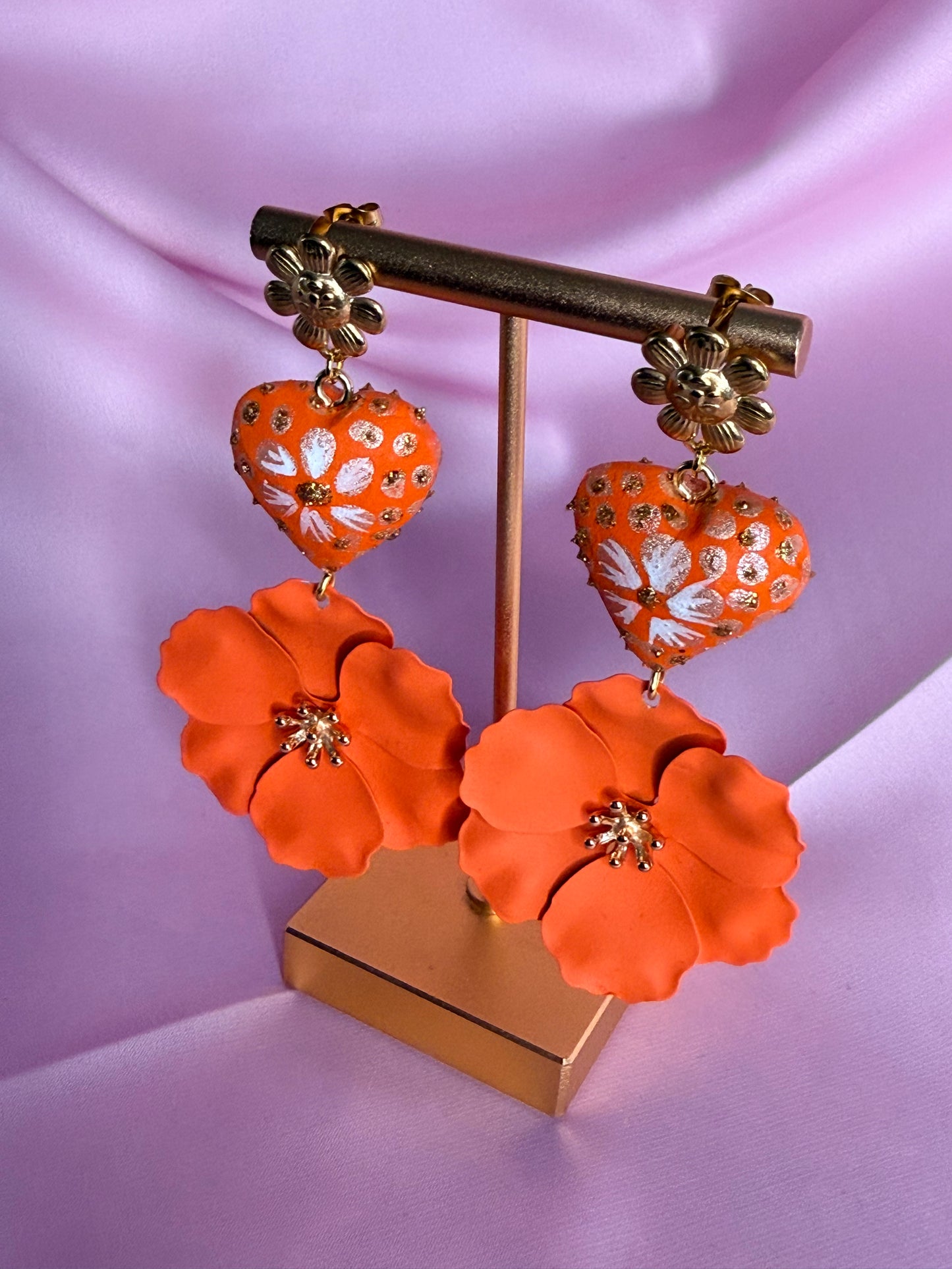 Hand-Carved Copal Wood Heart Earrings | Handmade Mexican Alebrije Jewelry | Lightweight Statement Earrings /orange