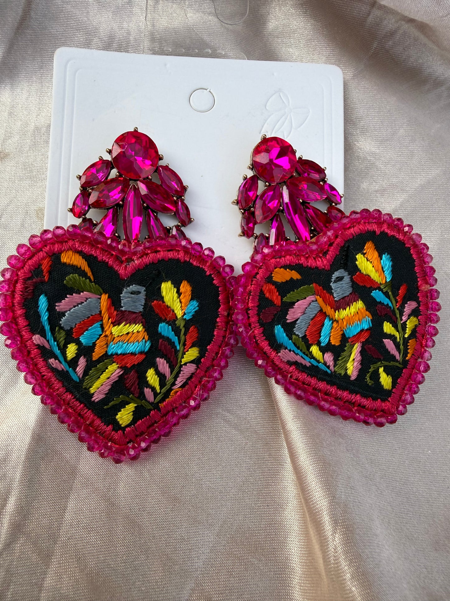 Hand Embroidered Hummingbird Earrings – Colorful Heart Statement Jewelry, Lightweight Artisan Handmade Gift