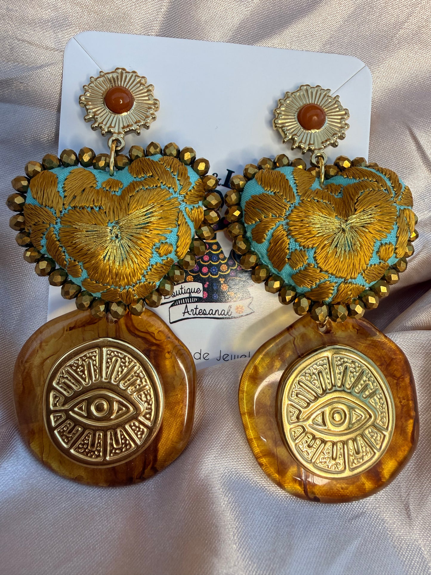 Aretes Artesanales Bordados a Mano en Técnica San Antonino | Acero Inoxidable | Ojo Protector Oaxaqueño