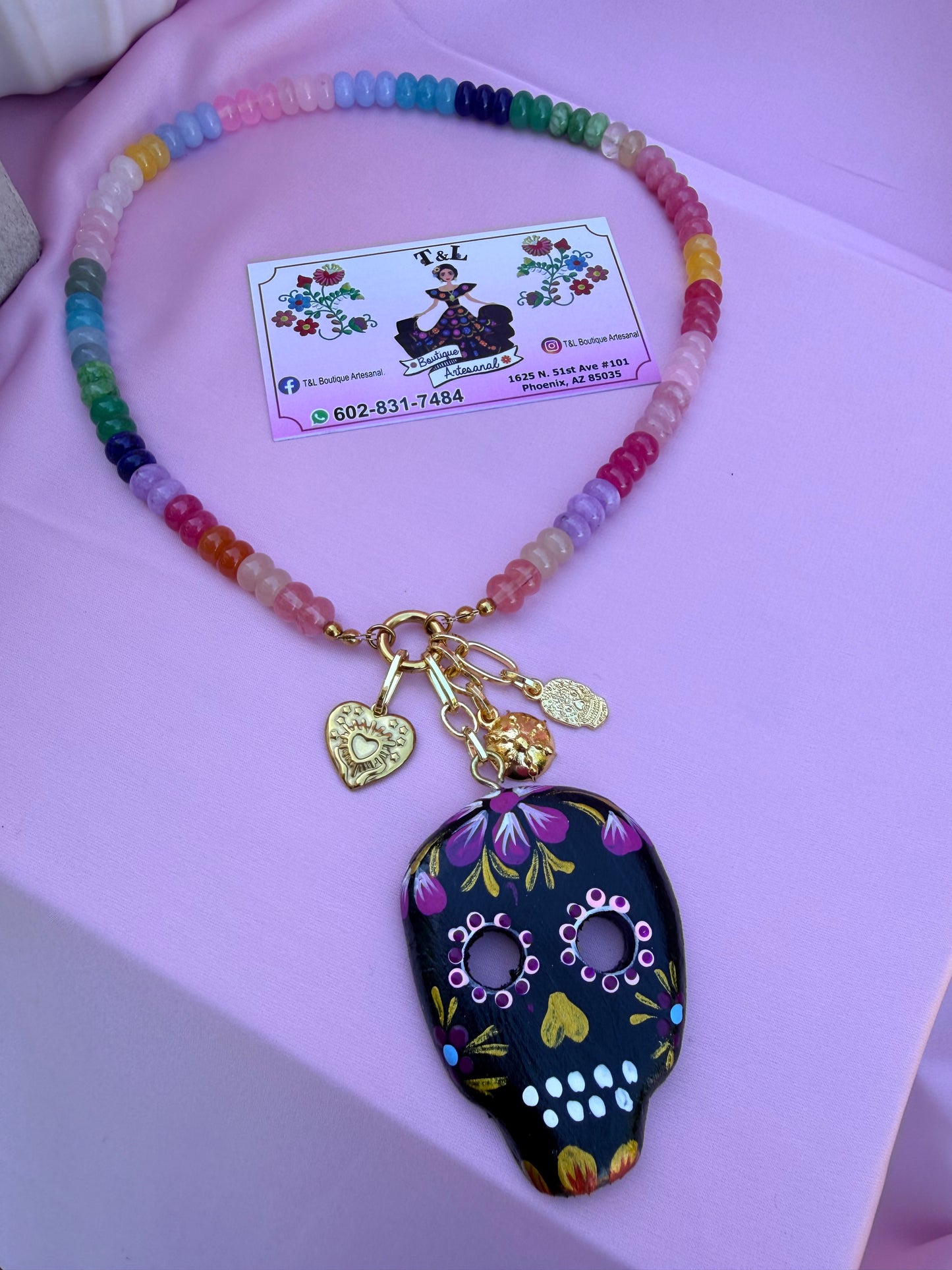 Hand Painted Copal Wood Sugar Skull Necklace | Natural Gemstone Beaded Collar | Mexican Folk Art Jewelry | Día de Muertos Inspired Pendant
