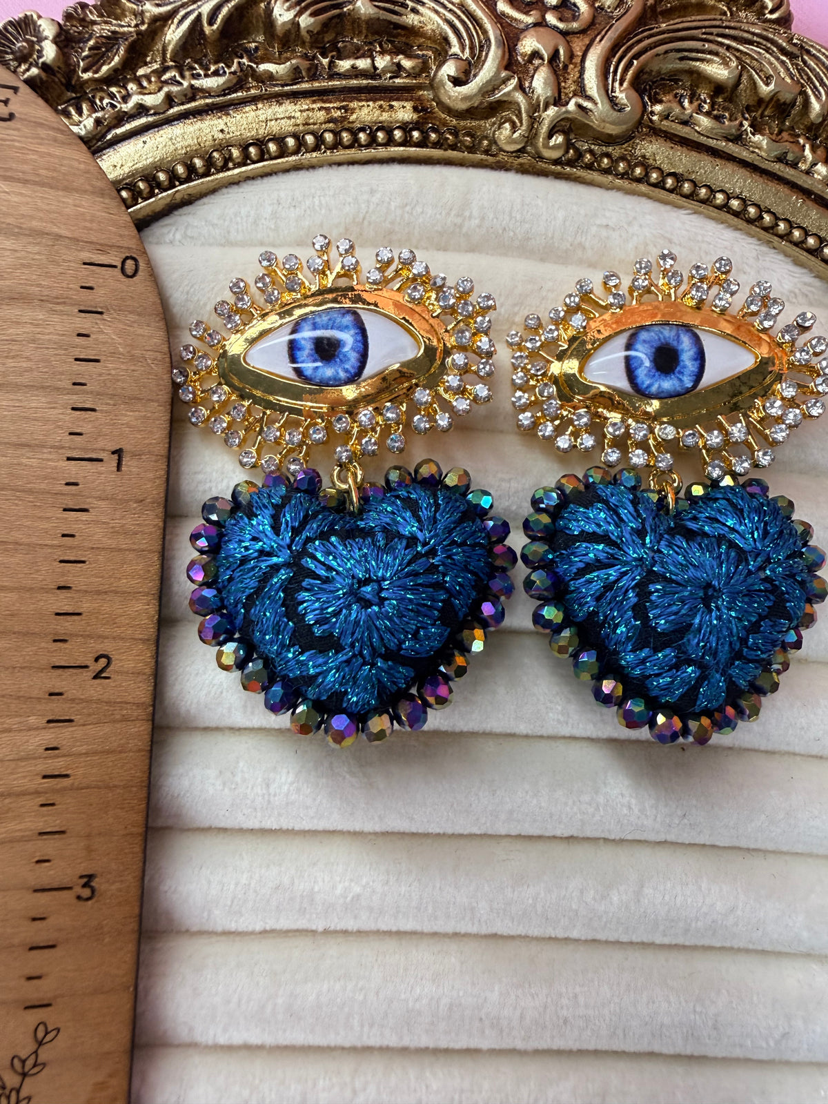 Blue Embroidered Evil Eye Earrings, Mexican Handmade Jewelry, Statement Heart Earrings, Boho Textile Earrings