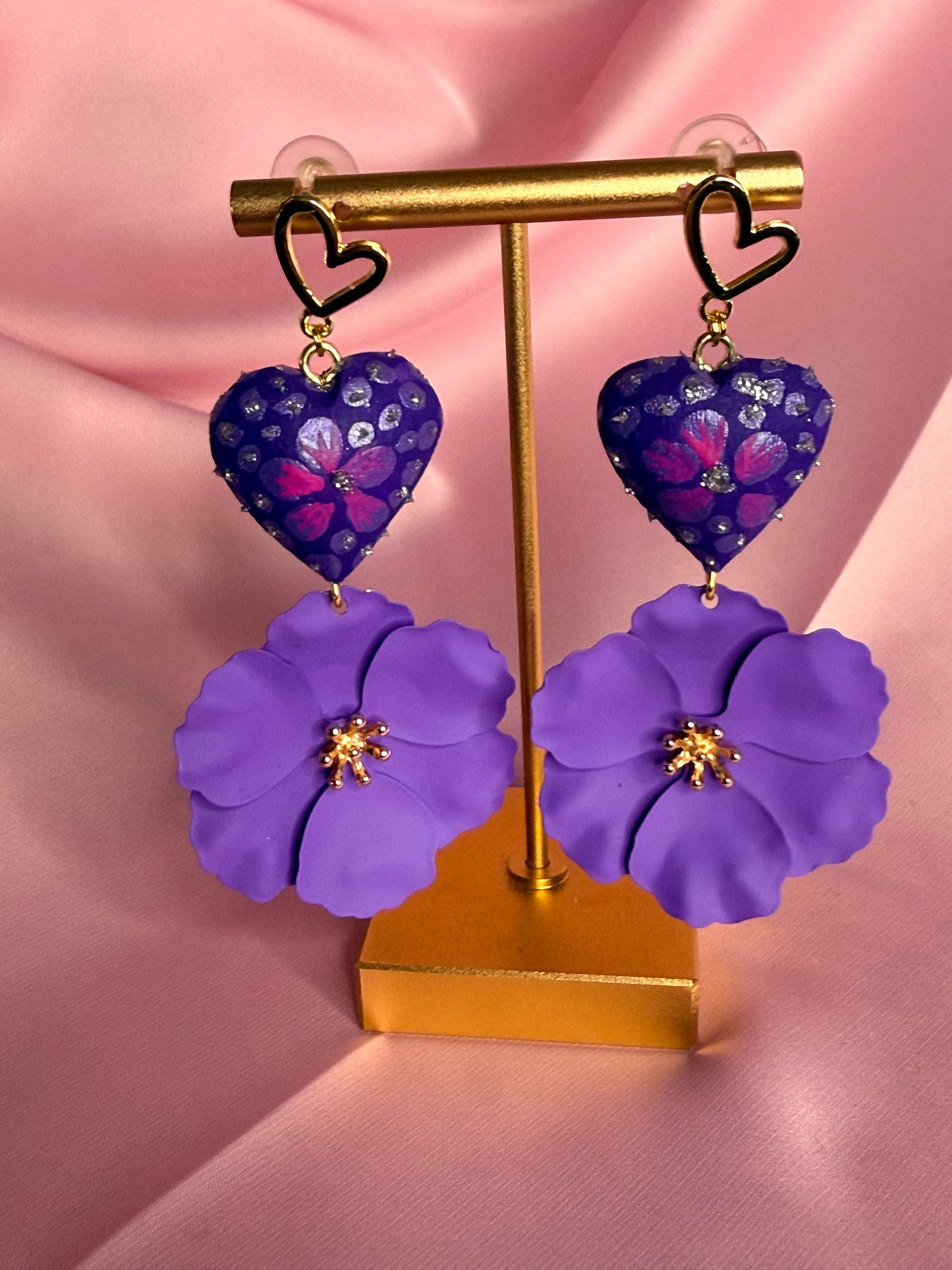 Handmade Purple Heart Floral Earrings | Mexican Artisan Clay Earrings | Lightweight Statement Jewelry | Unique Handmade Gift