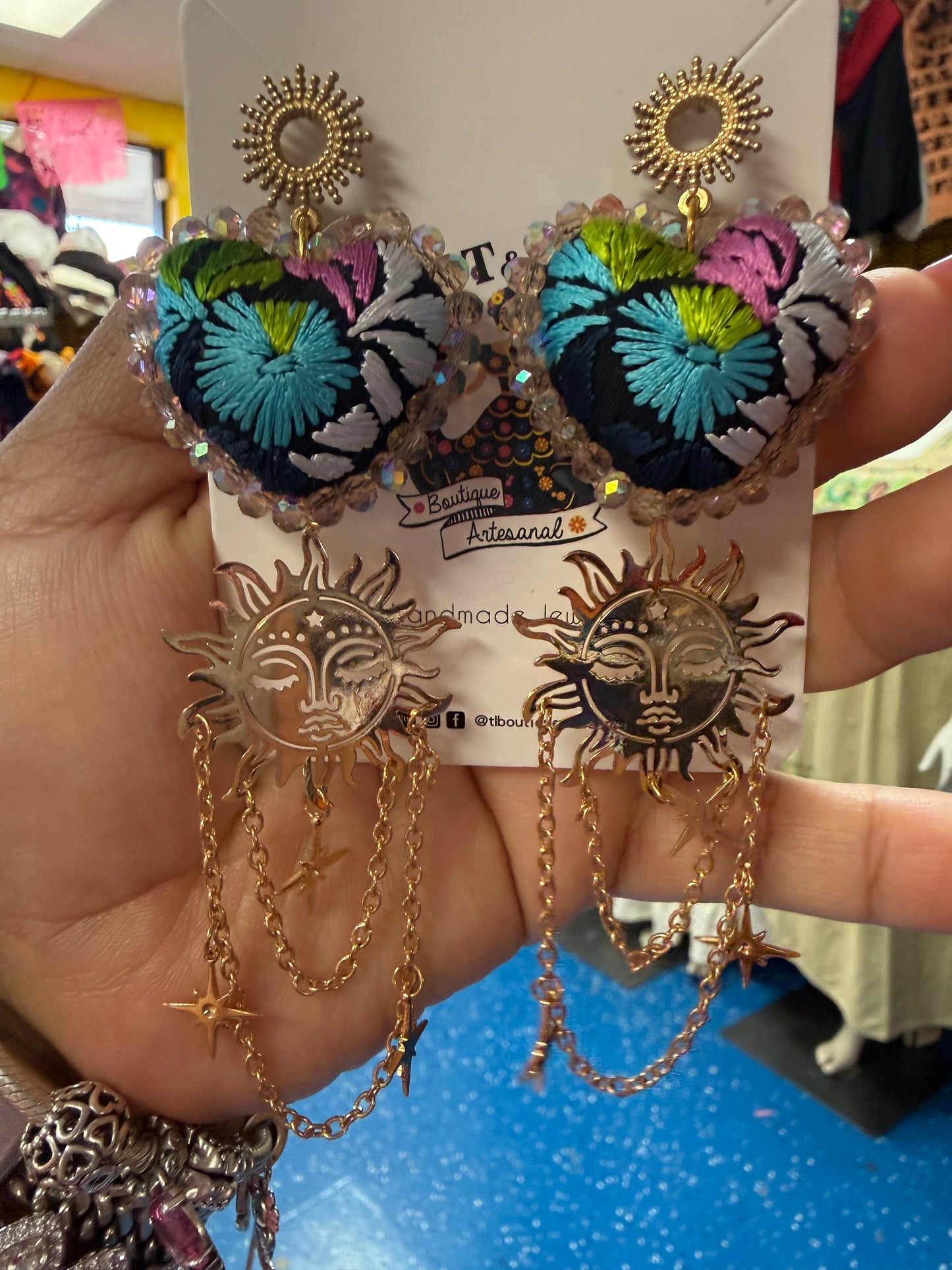 Hand Embroidered Heart Sun Earrings | Mexican Artisan Statement Earrings | Lightweight Boho Jewelry | Handmade in Mexico