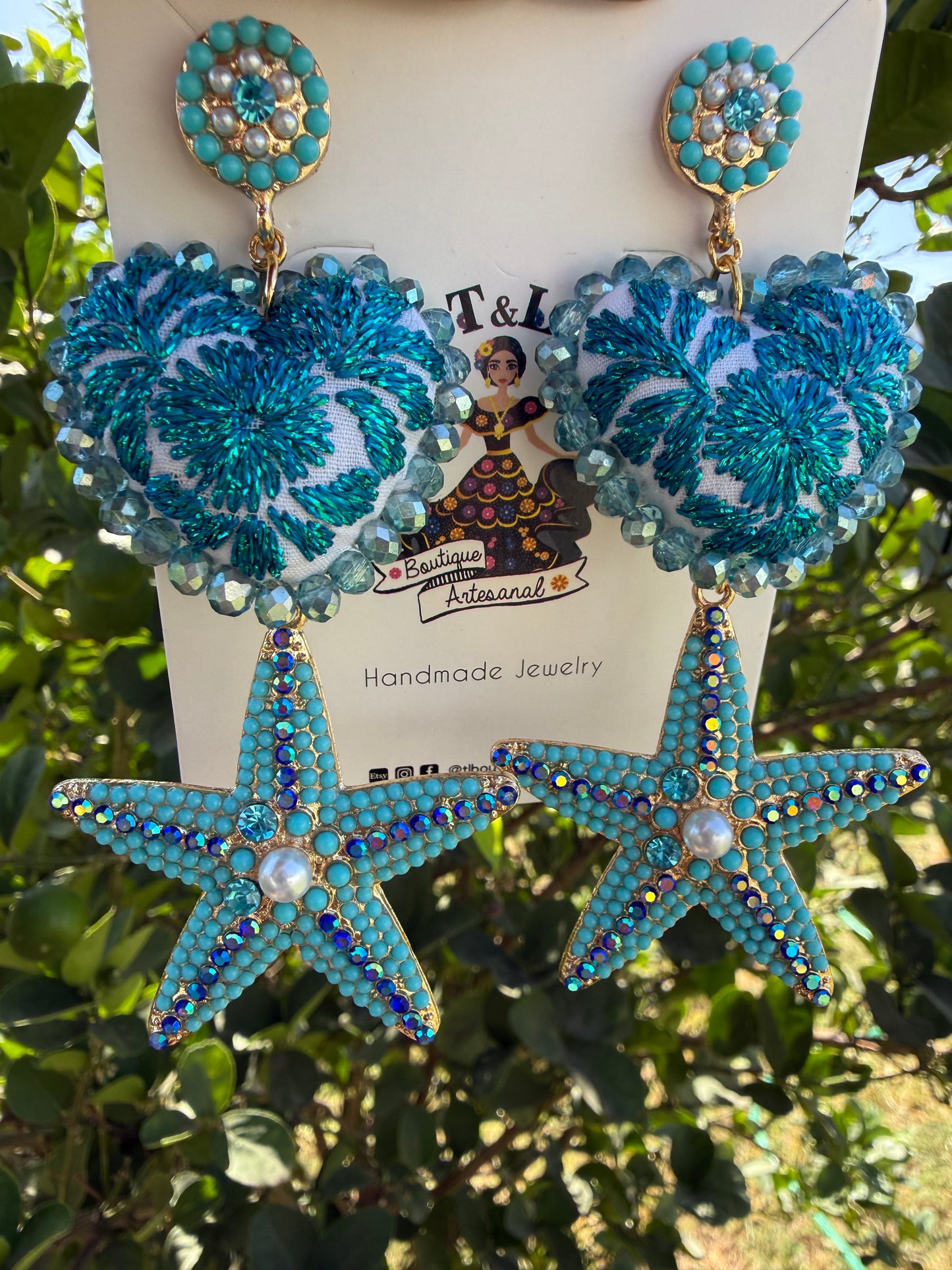 Hand Embroidered Heart Earrings with Starfish, Turquoise Statement Earrings, Coastal Beach Jewelry, Handmade Mexican Artisan Earrings /azul