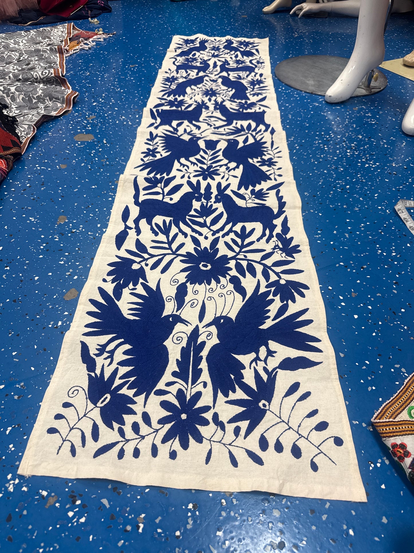 Hand Embroidered Otomi Table Runner | Blue & White Mexican Textile | Tenango Otomi Embroidery | Boho Table Decor | 16x75 Inches
