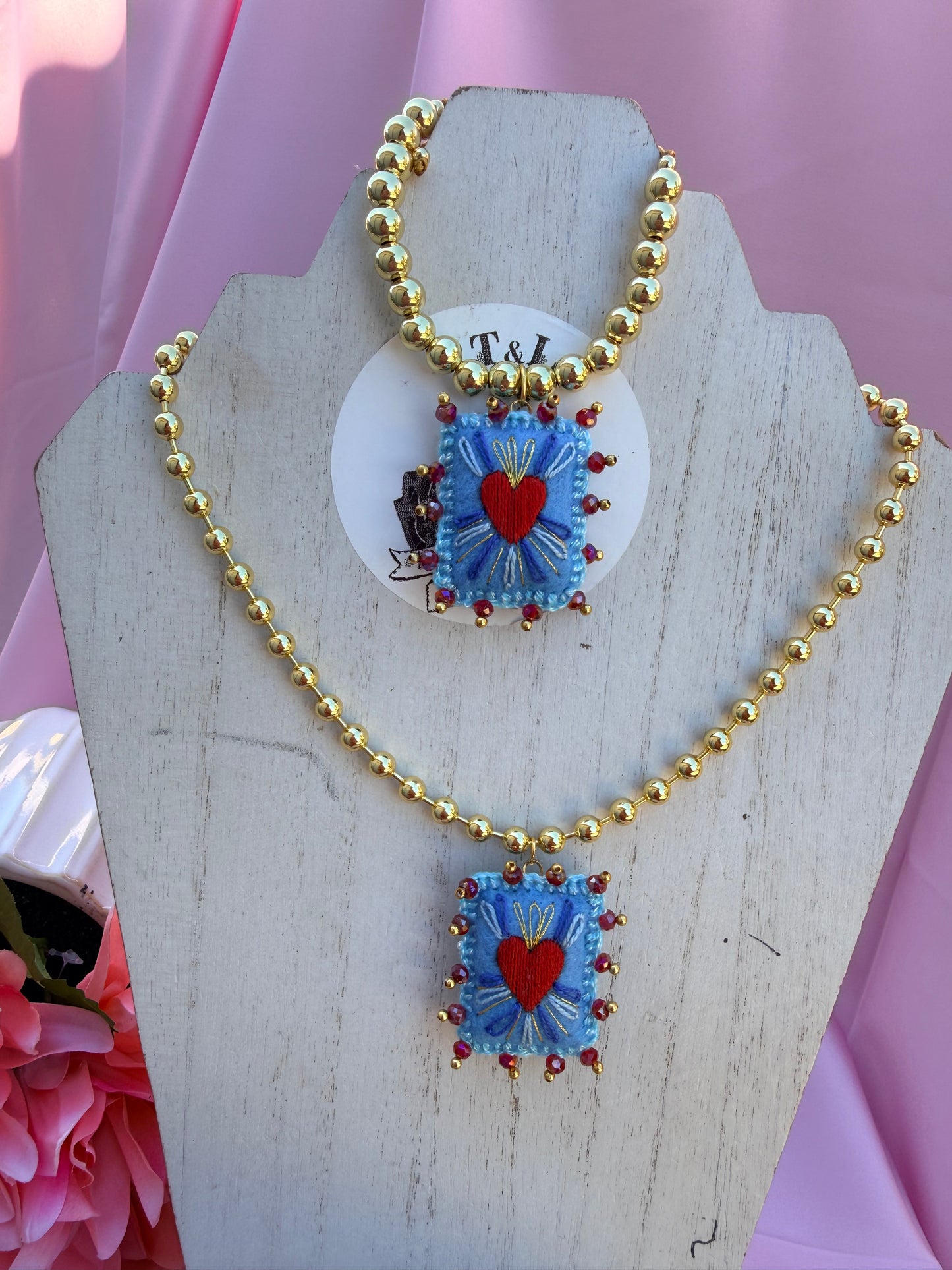 Hand Embroidered Sacred Heart Necklace & Bracelet Set, Mexican Folk Art Jewelry, Gold Plated Beaded Chain, Milagrito Jewelry, azul bb
