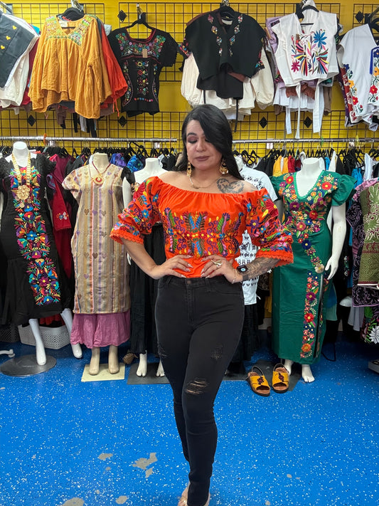Blusa Mexicana Bordada en Manta | Bordado a Máquina de Pedal | Blusa Campesina Ajustable | Varios Colores | Tallas S–XXXL