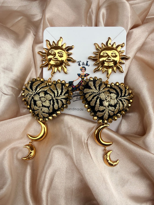 Aretes Sol y Luna Bordados a Mano con Acero Inoxidable | Joyería Artesanal Mexicana / handmade jewelry