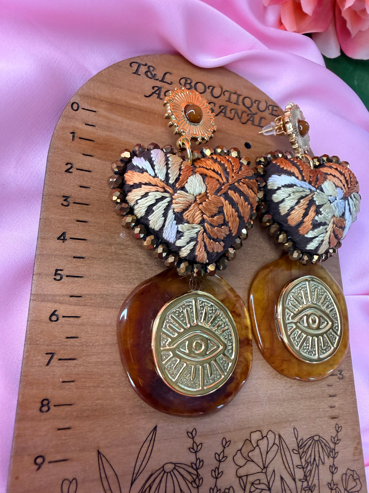 Embroidered Heart Earrings, Mexican Handmade Jewelry, Evil Eye Earrings, Boho Statement Earrings, Textile Heart Jewelry (cafe matizado