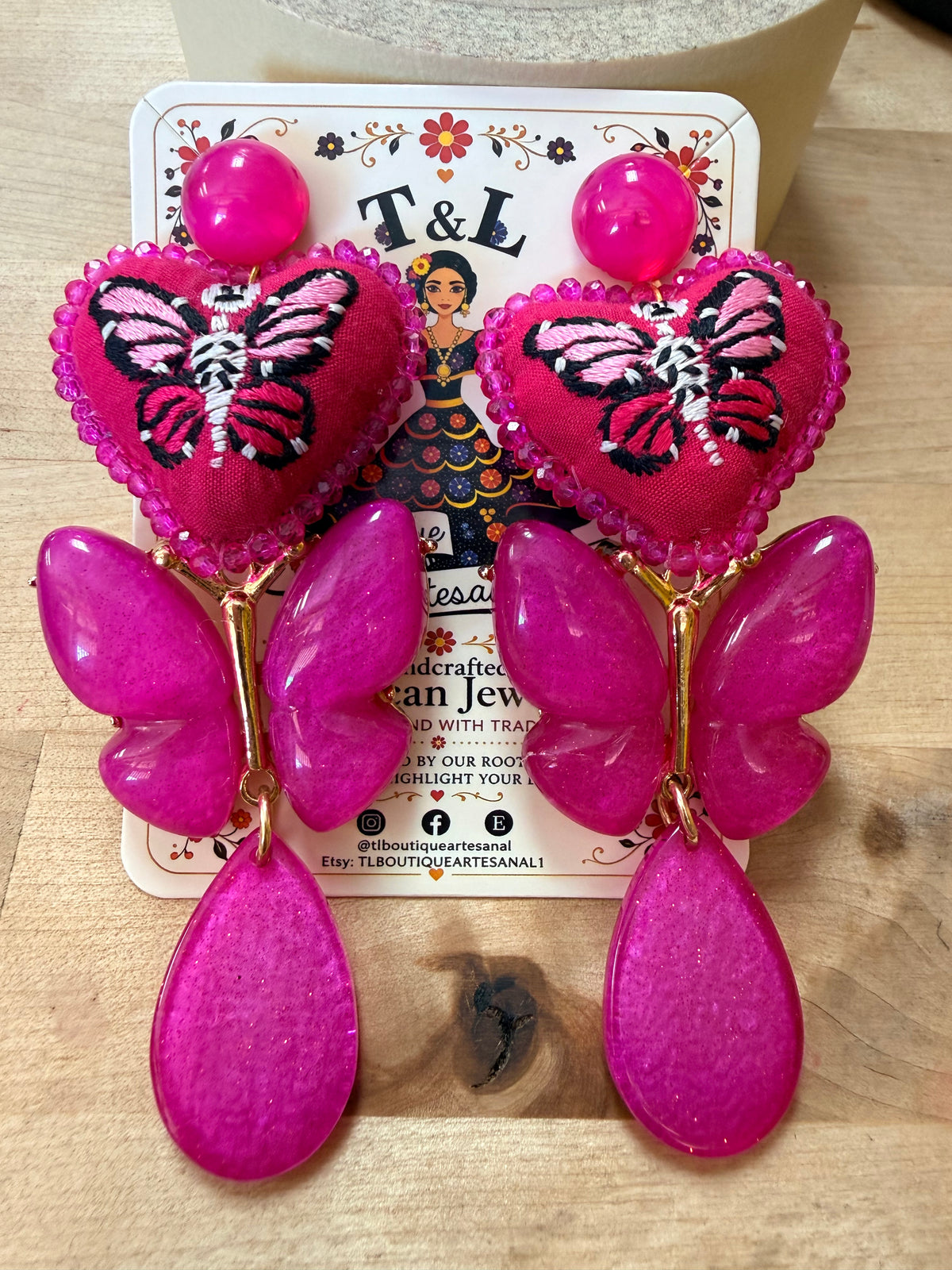 Hand Embroidered Day of the Dead Earrings, Mexican Skull Earrings, Frida Inspired Jewelry, Butterfly Heart Statement Earrings