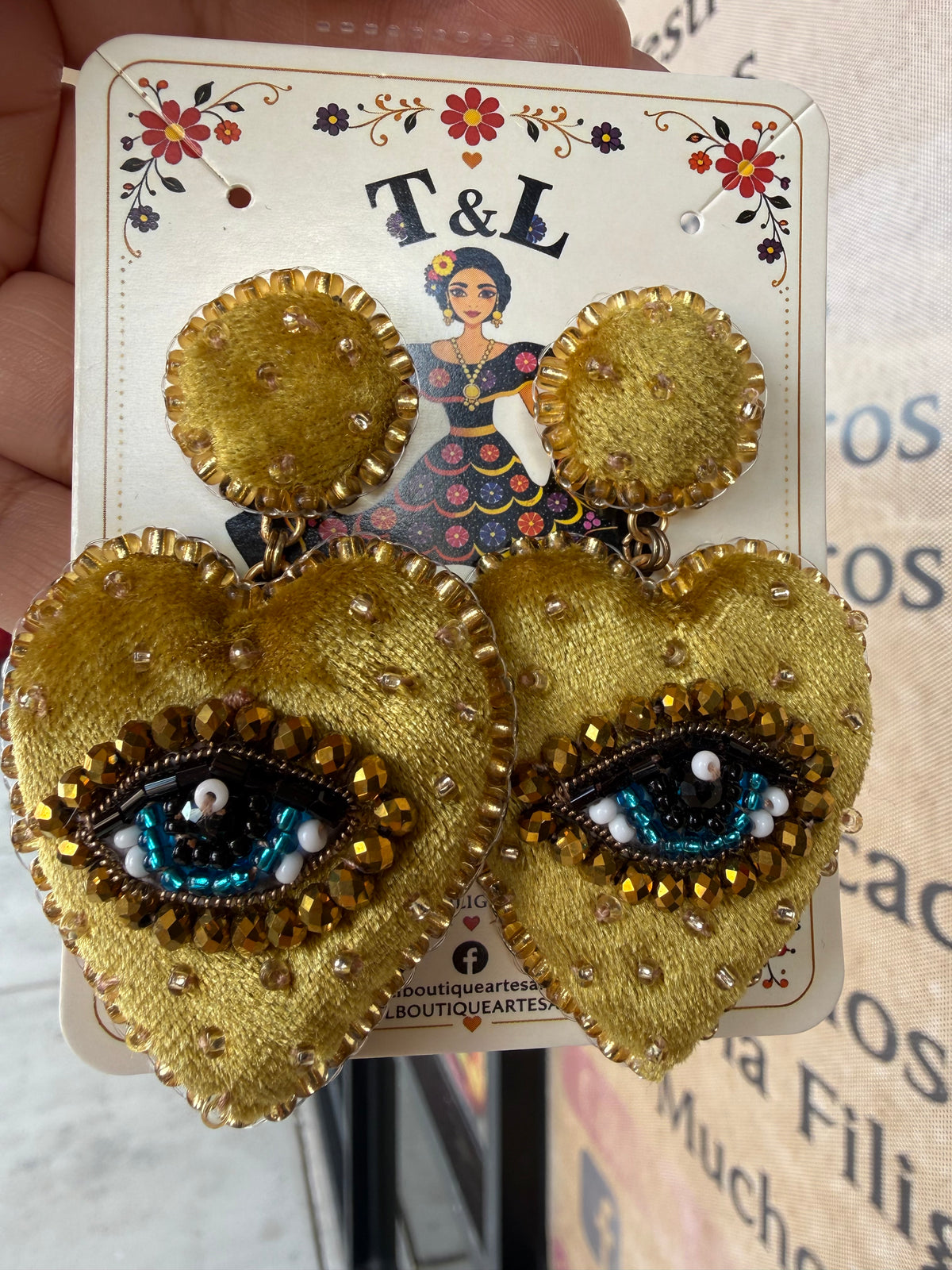 Handmade Sacred Heart Eye Earrings, Velvet Heart Earrings, Evil Eye Beaded Earrings, Mexican Statement Jewelry, Red Heart Earrings