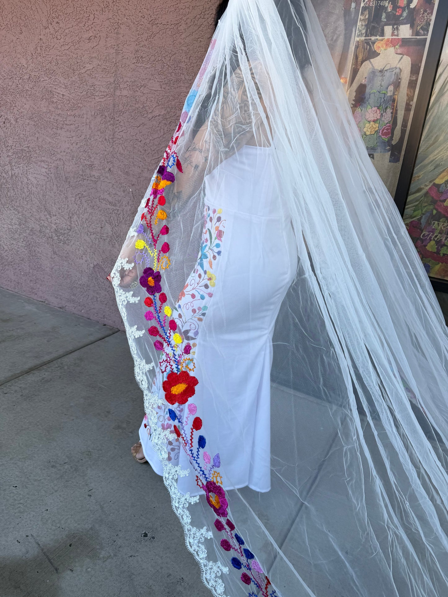 3.5 Meter Hand Embroidered Wedding Veil | Long Bridal Tulle Veil with Mexican Floral Embroidery | Handmade Bridal Veil