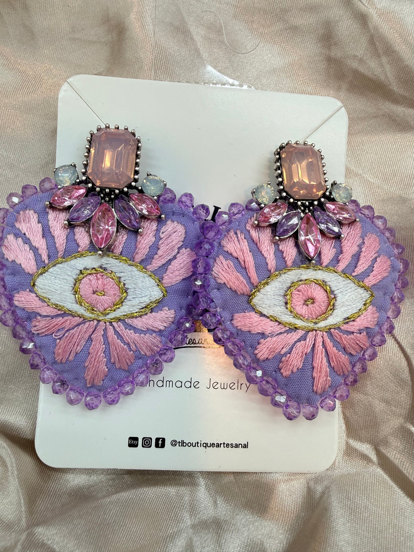 Sacred Heart Earrings with Evil Eye, Mexican Embroidered Jewelry, Statement Crystal Earrings, Handmade Milagro Heart, Unique Gift