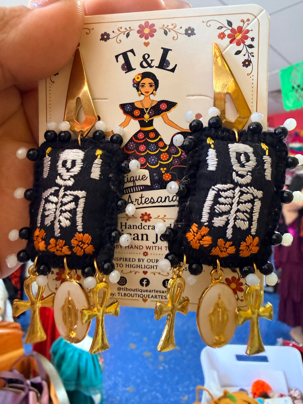 Hand Embroidered Day of the Dead Earrings, Mexican Skull Earrings, Frida Inspired Jewelry, Butterfly Heart Statement Earrings