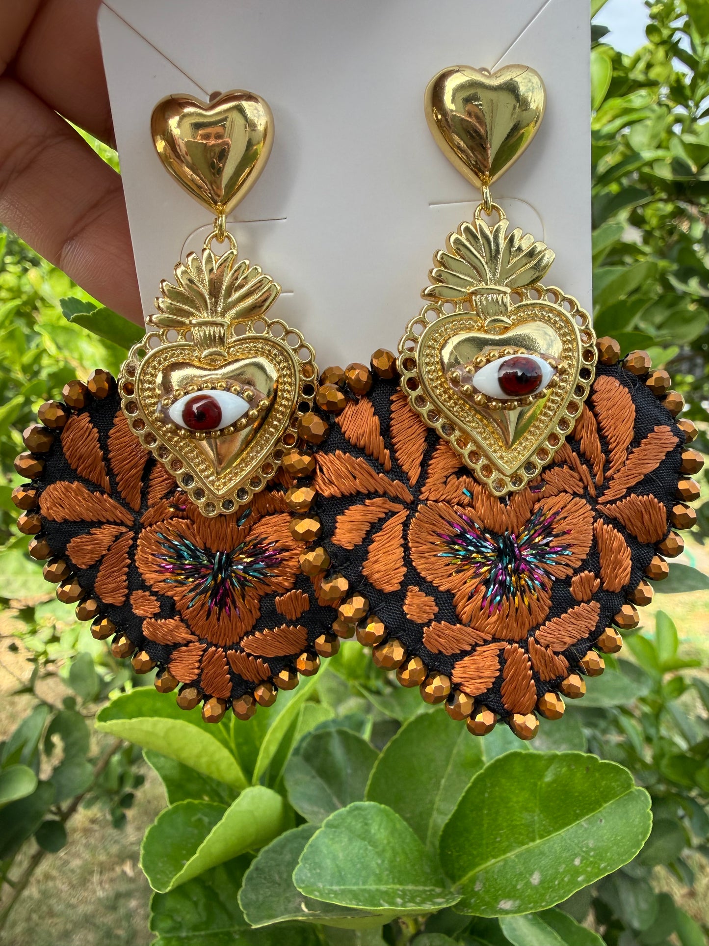 Sacred Heart Earrings with Evil Eye, Mexican Embroidered Jewelry, Statement Crystal Earrings, Handmade Milagro Heart, Unique Gift