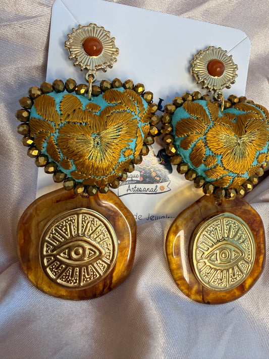 Aretes Artesanales Bordados a Mano en Técnica San Antonino | Acero Inoxidable | Ojo Protector Oaxaqueño