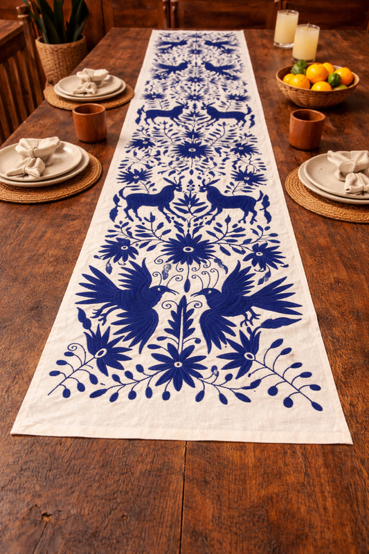 Hand Embroidered Otomi Table Runner | Blue & White Mexican Textile | Tenango Otomi Embroidery | Boho Table Decor | 16x75 Inches