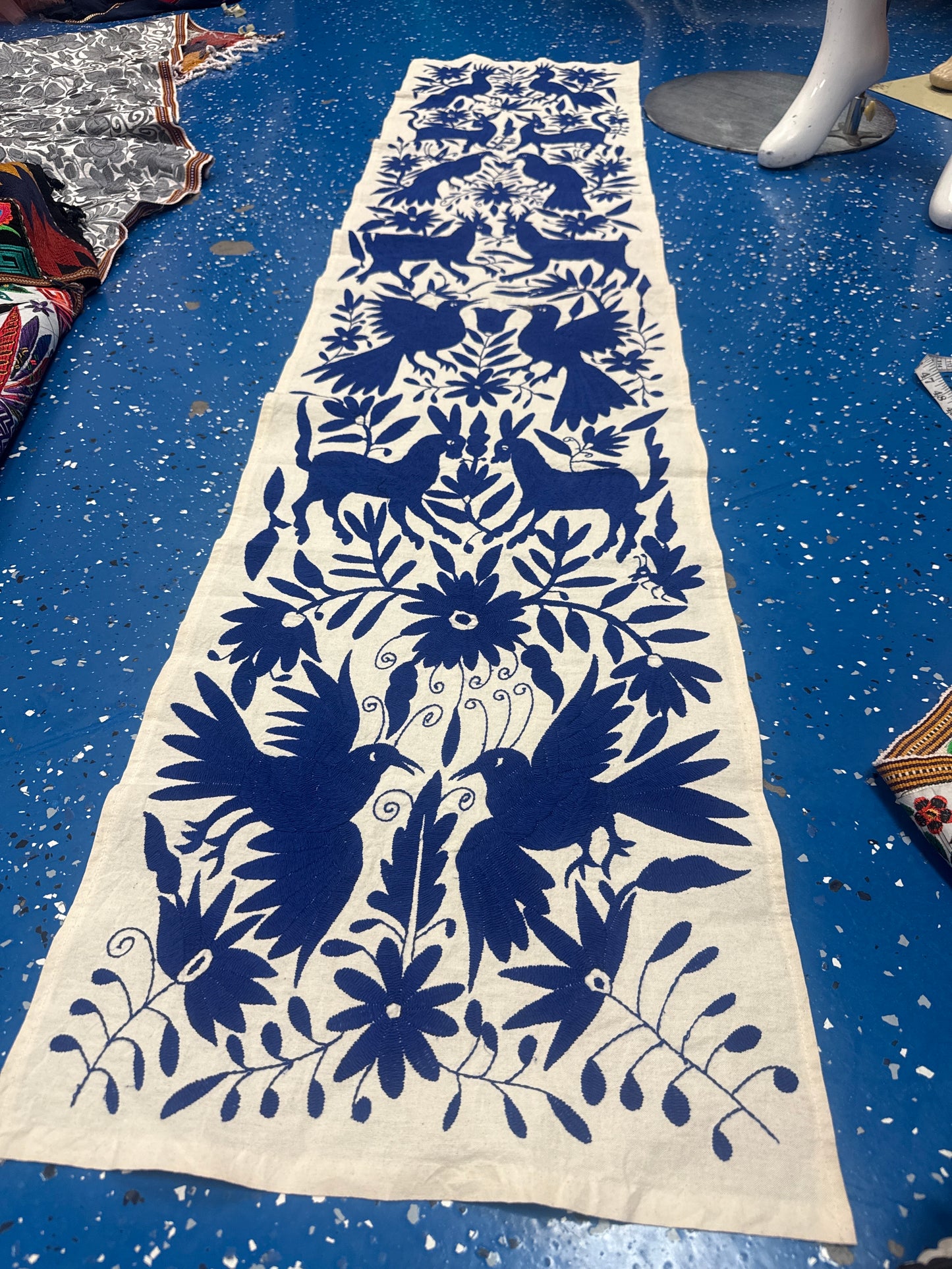 Hand Embroidered Otomi Table Runner | Blue & White Mexican Textile | Tenango Otomi Embroidery | Boho Table Decor | 16x75 Inches