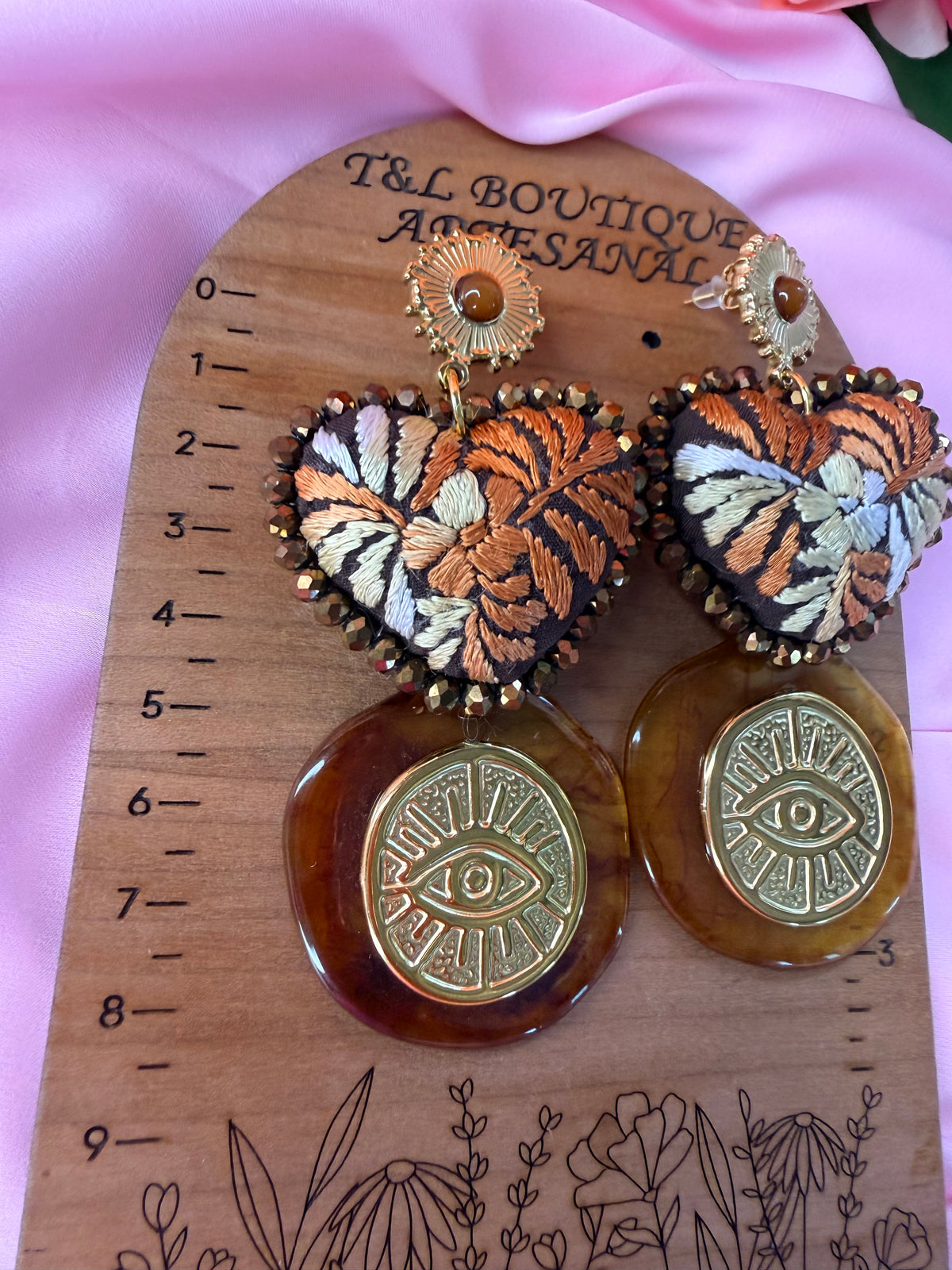 Embroidered Heart Earrings, Mexican Handmade Jewelry, Evil Eye Earrings, Boho Statement Earrings, Textile Heart Jewelry (cafe matizado