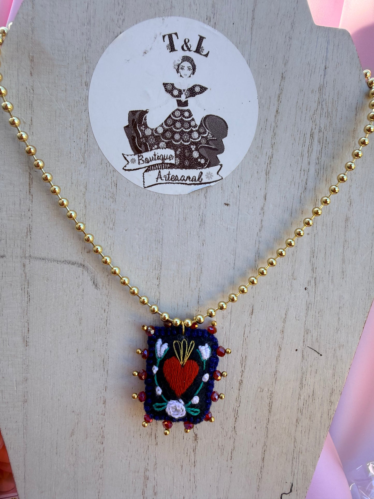 Hand Embroidered Sacred Heart Necklace & Bracelet Set, Mexican Folk Art Jewelry, Gold Plated Beaded Chain, Milagrito Jewelry, Handmade Gift azul