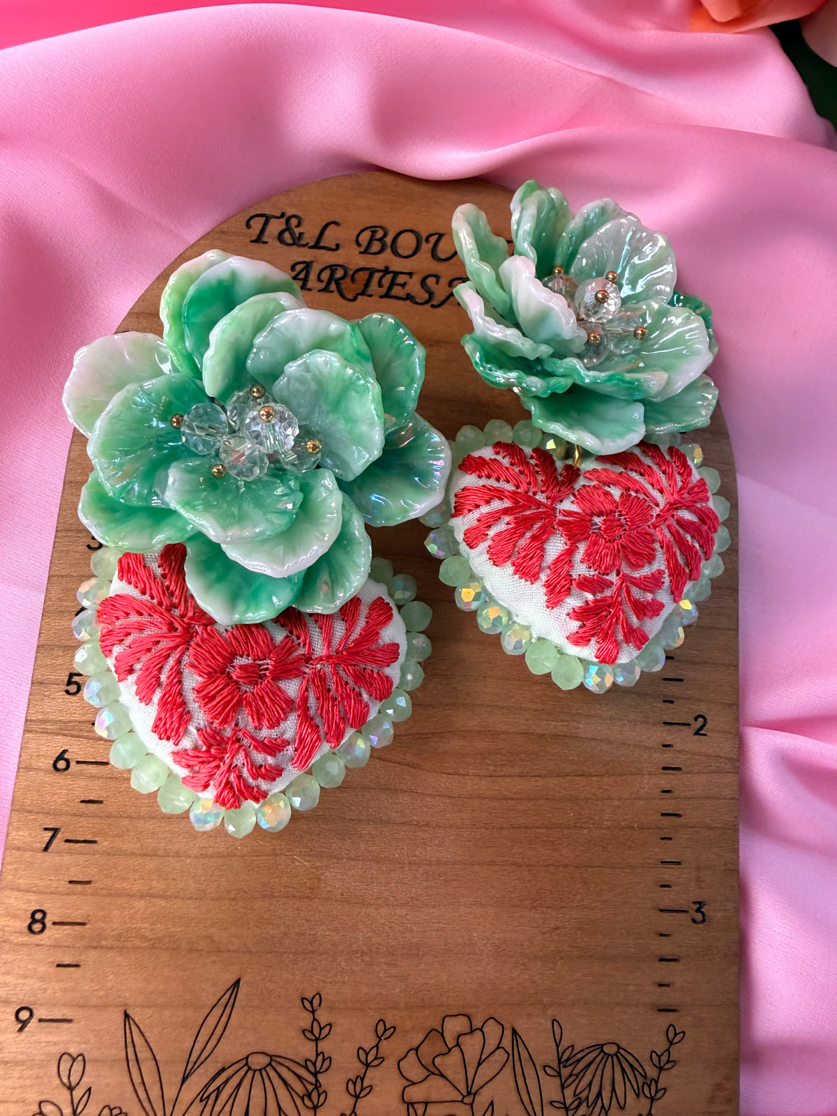 Hand-Embroidered Heart Flower Earrings – Mexican Handmade Statement Jewelry