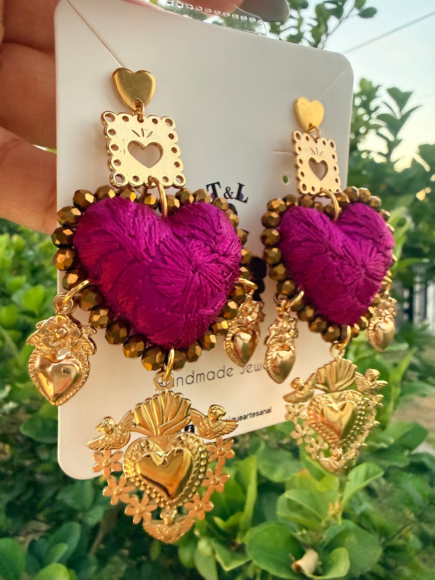 Aretes Bordados a Mano :Naranja – Cristales Dorados, Sagrado Corazón y Papel Picado/ hand made jewelry