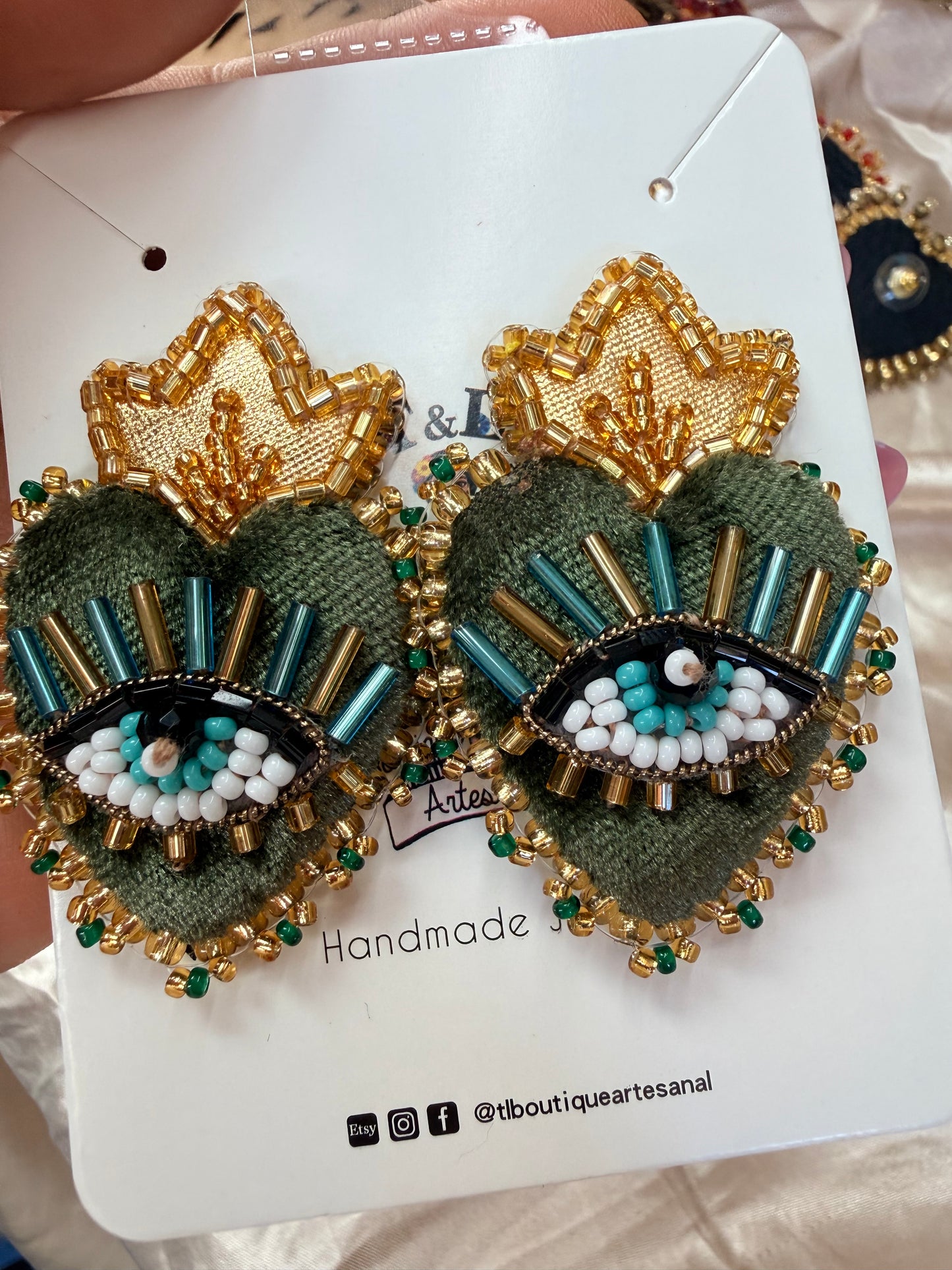 Handmade Huichol Inspired Crystal Heart Earrings | Velvet Sacred Heart Stud Earrings | Wixarika Beaded Jewelry | Mexican Artisan Earrings