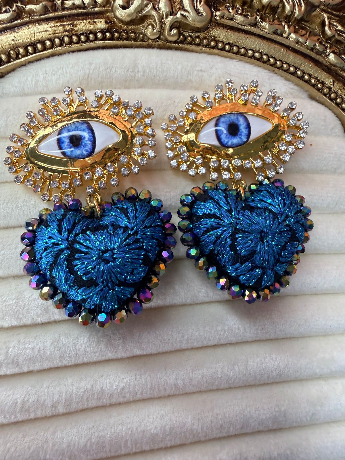 Blue Embroidered Evil Eye Earrings, Mexican Handmade Jewelry, Statement Heart Earrings, Boho Textile Earrings