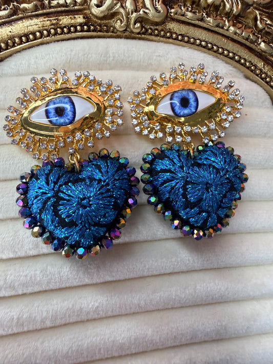 Blue Embroidered Evil Eye Earrings, Mexican Handmade Jewelry, Statement Heart Earrings, Boho Textile Earrings