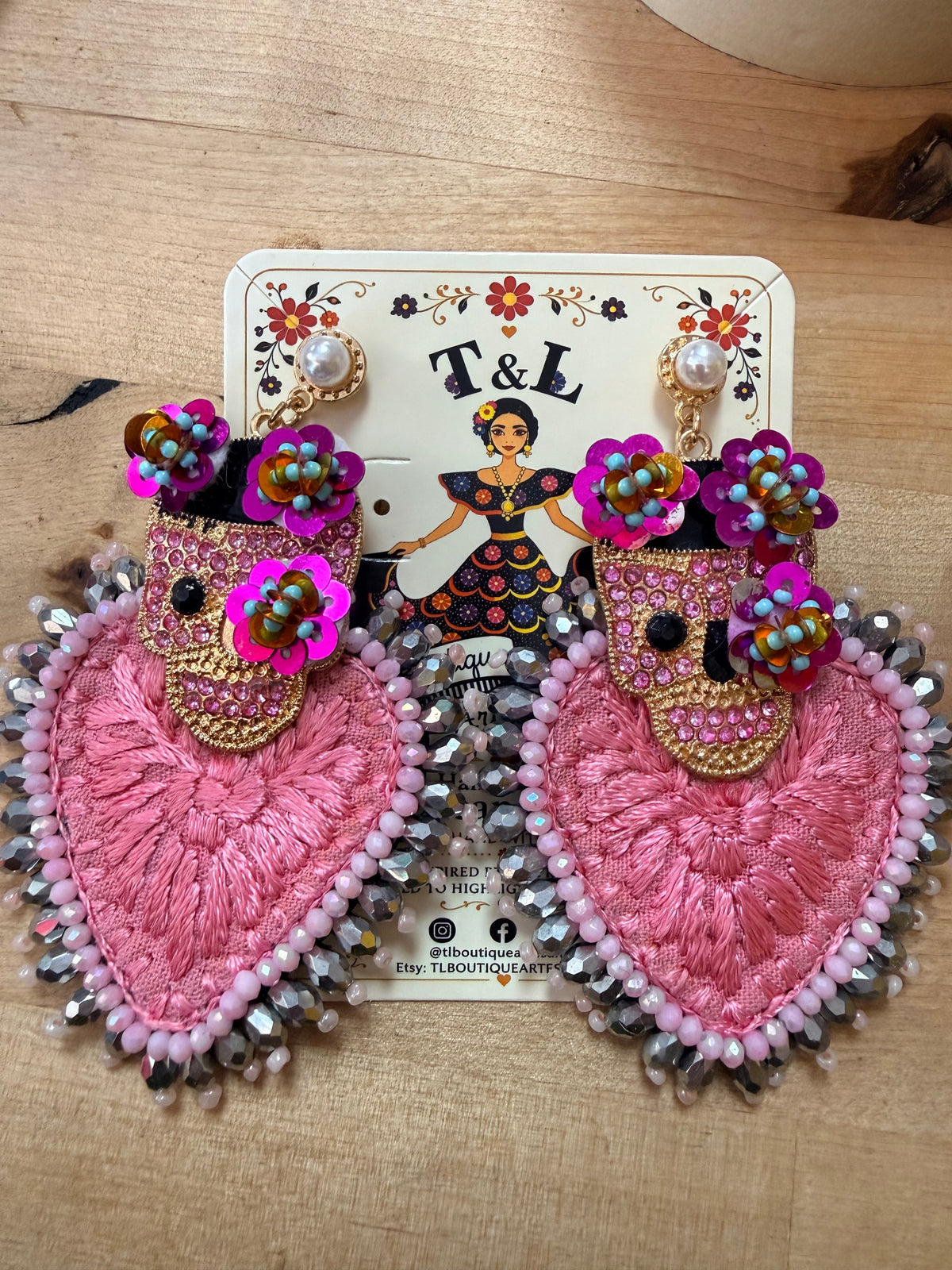 Hand Embroidered Day of the Dead Earrings, Mexican Skull Earrings, Frida Inspired Jewelry, Butterfly Heart Statement Earrings