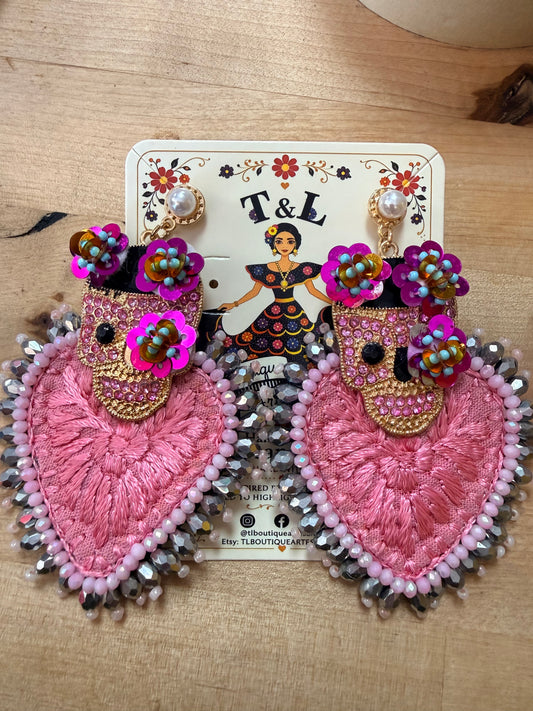 Hand Embroidered Day of the Dead Earrings, Mexican Skull Earrings, Frida Inspired Jewelry, Butterfly Heart Statement Earrings