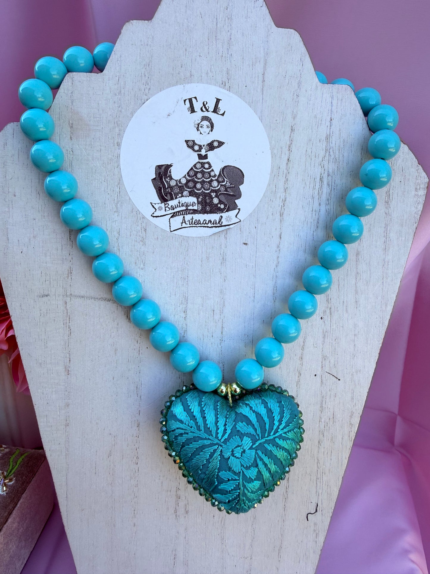 Turquoise Embroidered Heart Necklace – Handmade Floral Heart Pendant Necklace with Acrylic Beads & Stainless Steel Extender