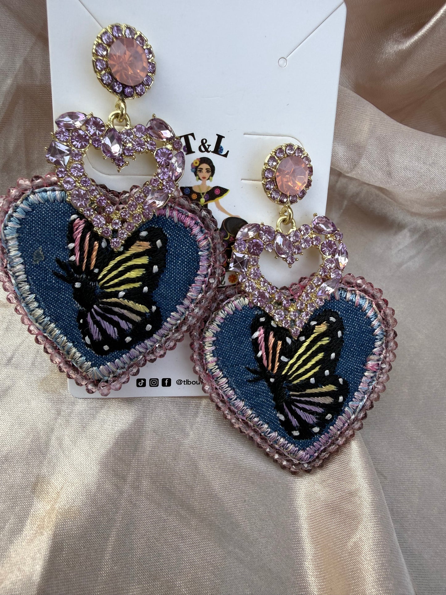 Hand Embroidered Butterfly Heart Earrings – Unique Lightweight Statement Jewelry, Handmade Floral & Crystal Designs
