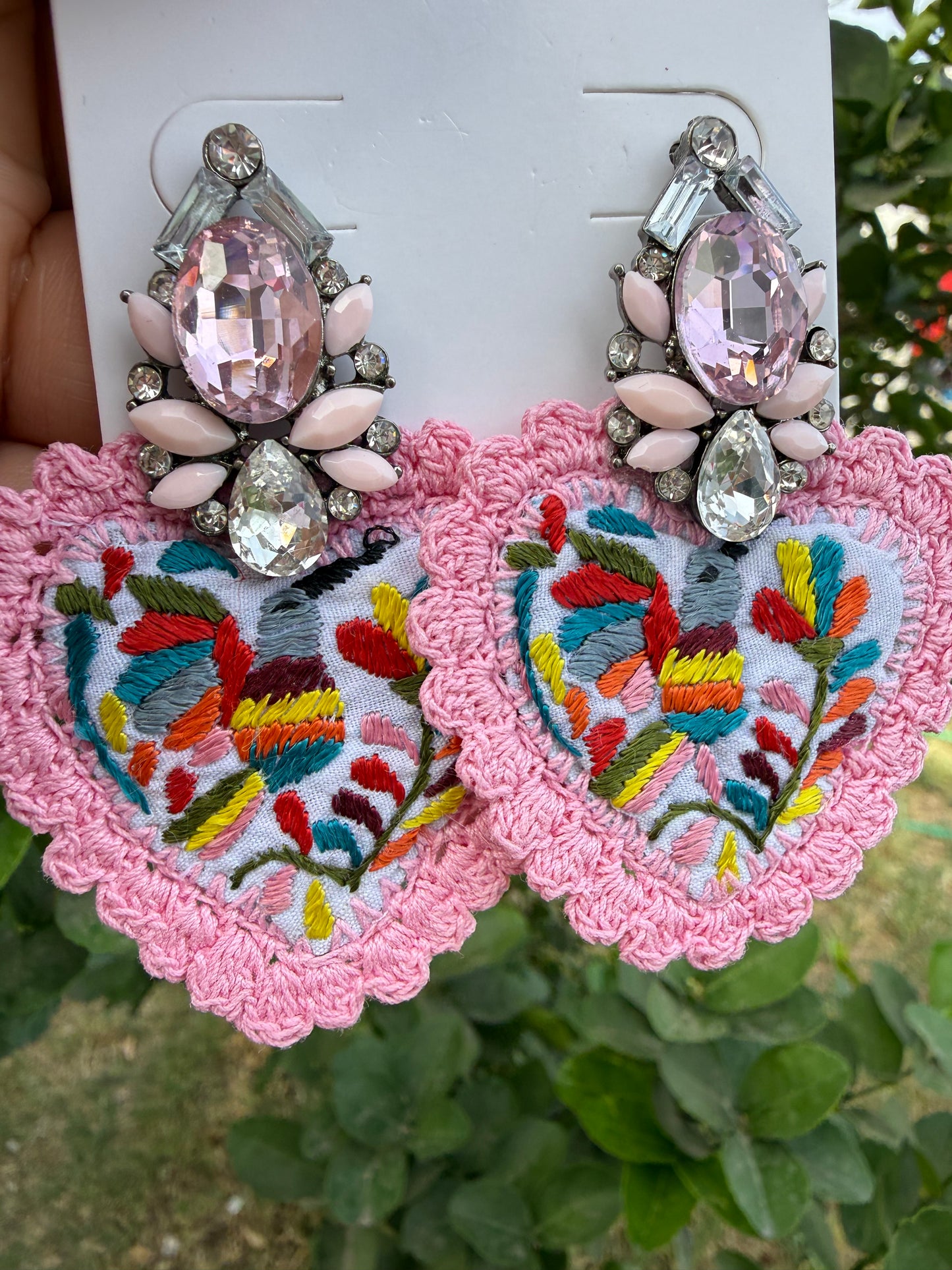 Hand Embroidered Hummingbird Earrings – Colorful Heart Statement Jewelry, Lightweight Artisan Handmade Gift