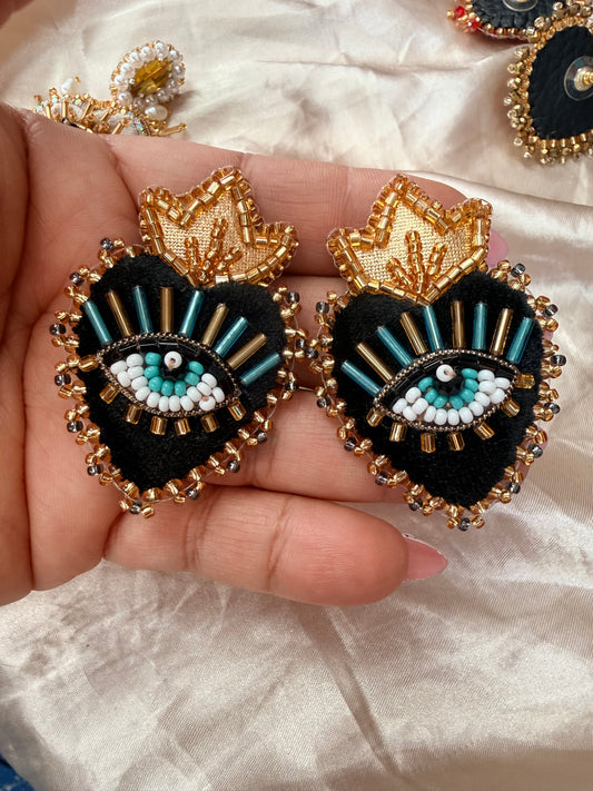 Handmade Huichol Inspired Crystal Heart Earrings | Velvet Sacred Heart Stud Earrings | Wixarika Beaded Jewelry | Mexican Artisan Earrings