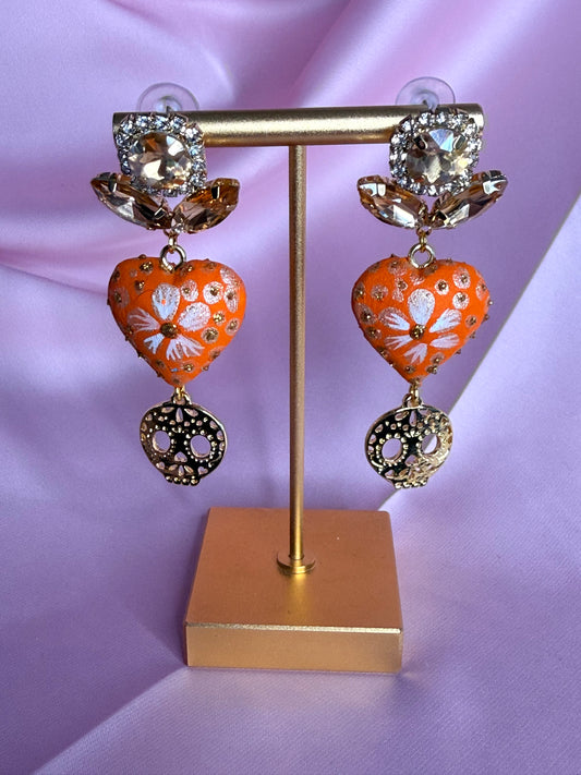 Hand-Carved Copal Wood Heart Earrings | Handmade Mexican Alebrije Jewelry | Lightweight Statement Earrings  /orange dia de muertos