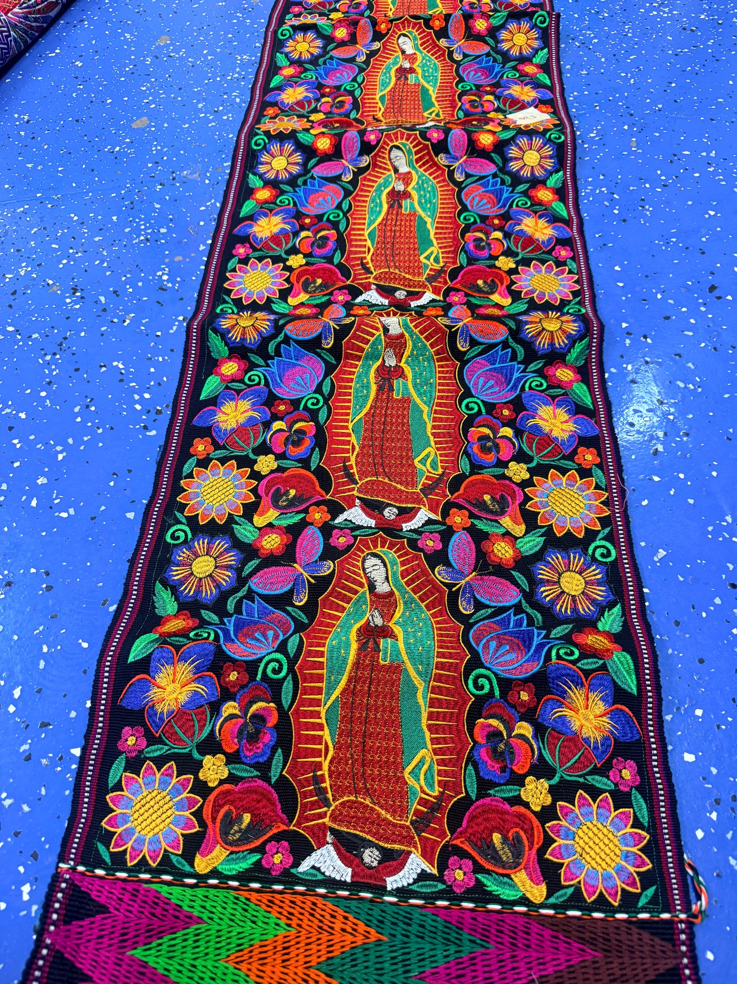 Virgen de Guadalupe Table Runner | Mexican Embroidered Textile | Religious Home Decor | Black Boho Table Runner | Extra Long 2m