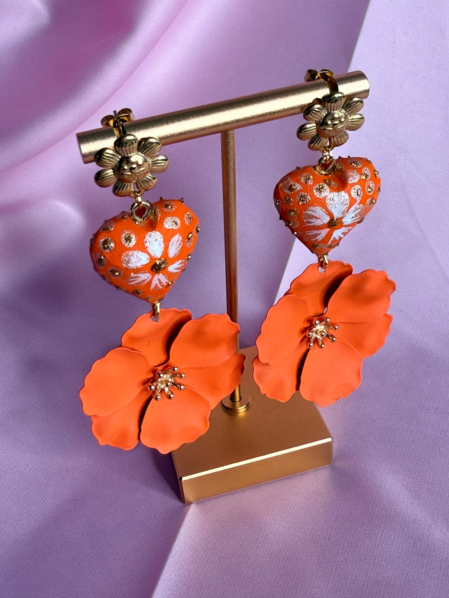 Hand-Carved Copal Wood Heart Earrings | Handmade Mexican Alebrije Jewelry | Lightweight Statement Earrings  /orange