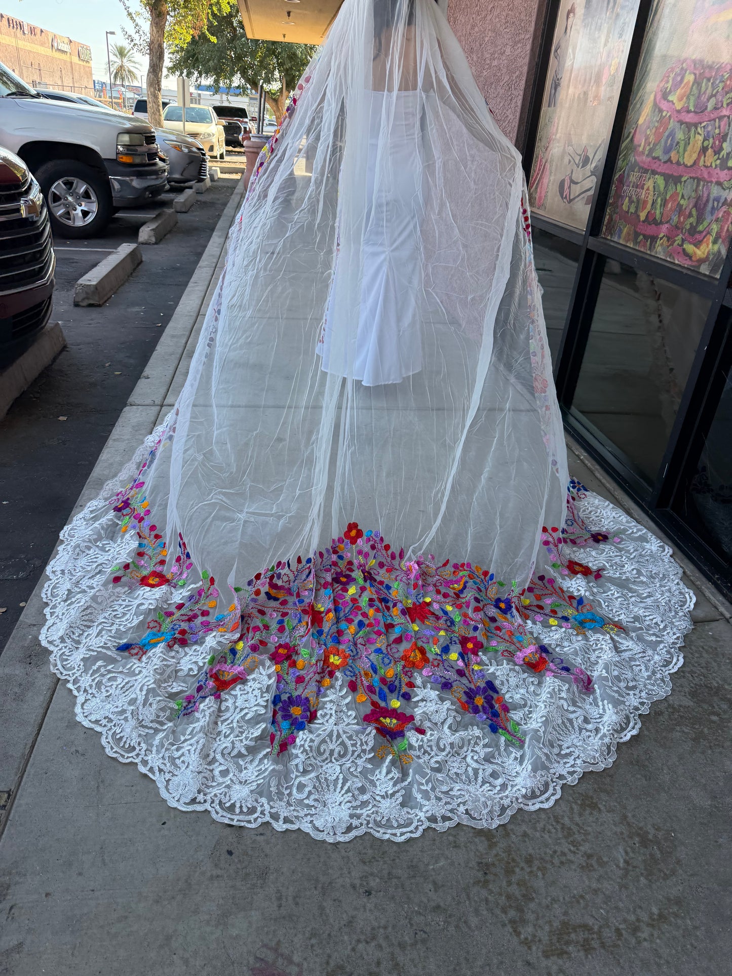 3.5 Meter Hand Embroidered Wedding Veil | Long Bridal Tulle Veil with Mexican Floral Embroidery | Handmade Bridal Veil