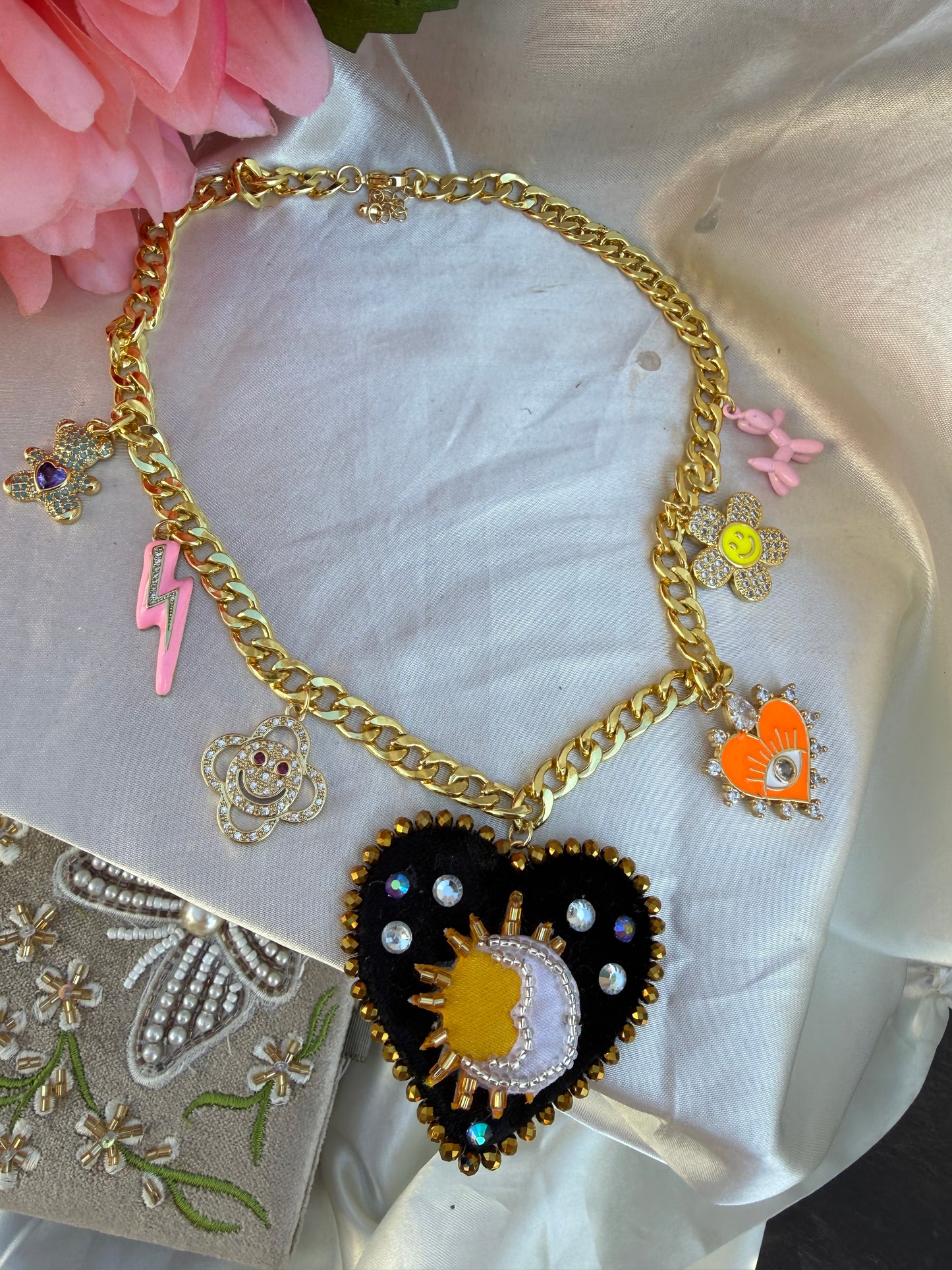 ✨ Sun & Moon Heart Necklace | Handmade Celestial Heart Pendant Necklace | Statement Charm Chain