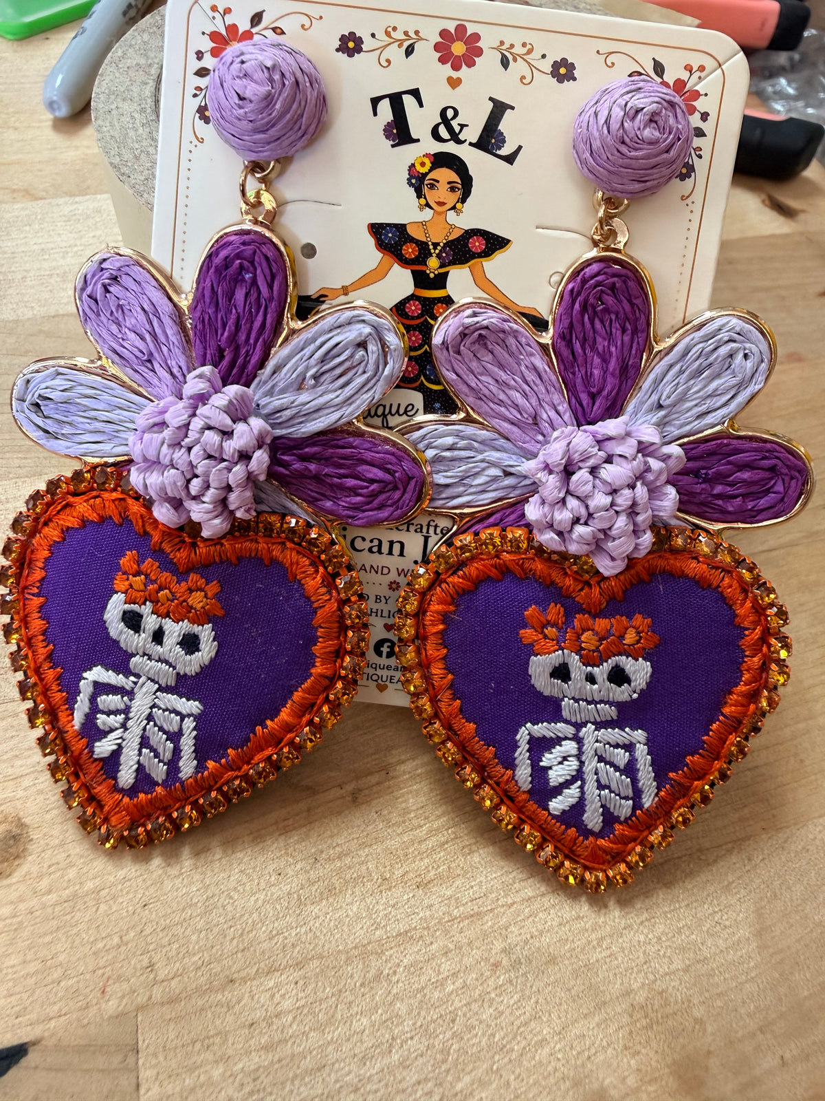Hand Embroidered Day of the Dead Earrings, Mexican Skull Earrings, Frida Inspired Jewelry, Butterfly Heart Statement Earrings