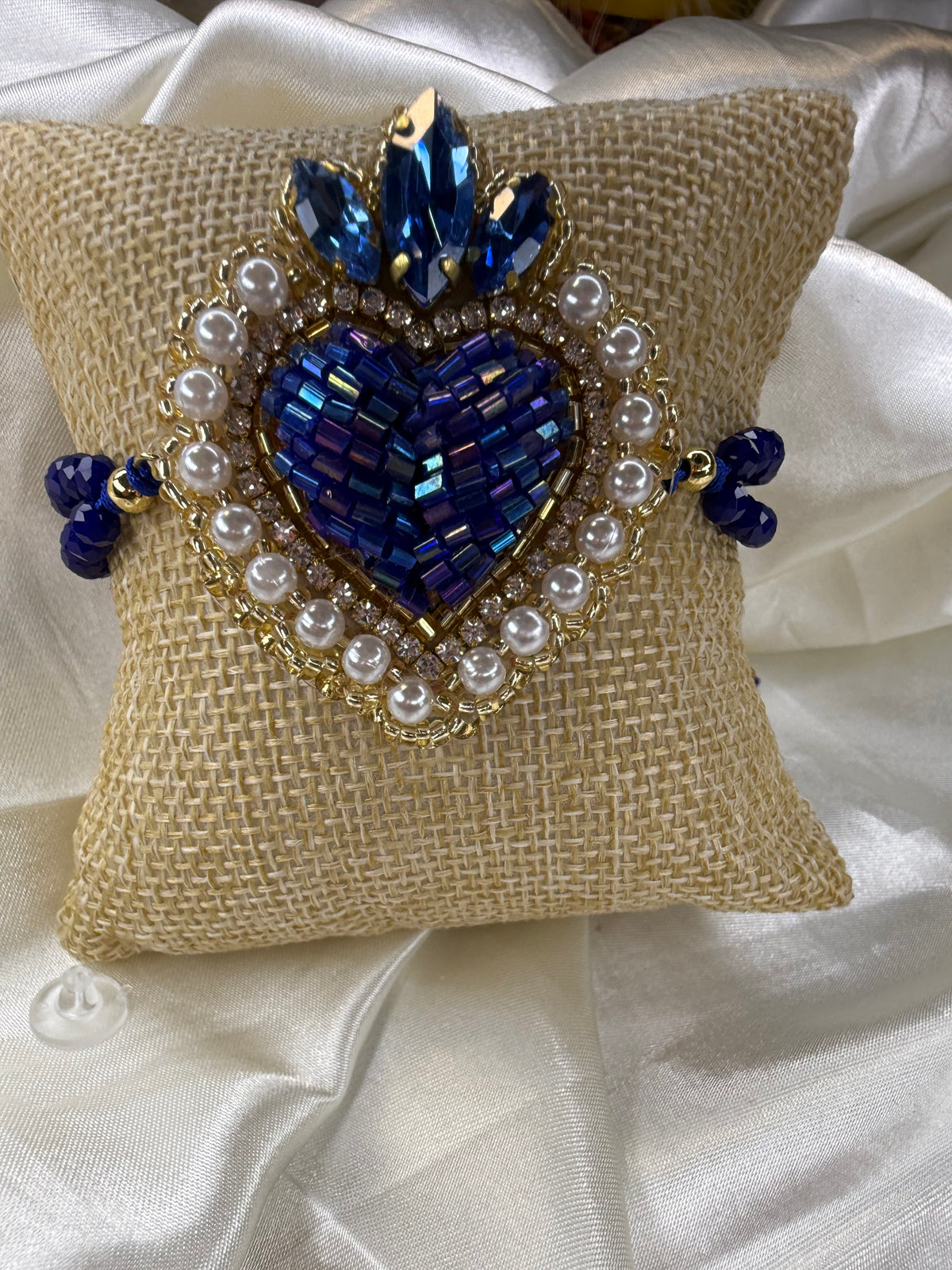 Handmade Sacred Heart Bracelet, Adjustable Beaded Bracelet, Miyuki Crystal & Pearl Embroidered Jewelry, Mexican Inspired Gift