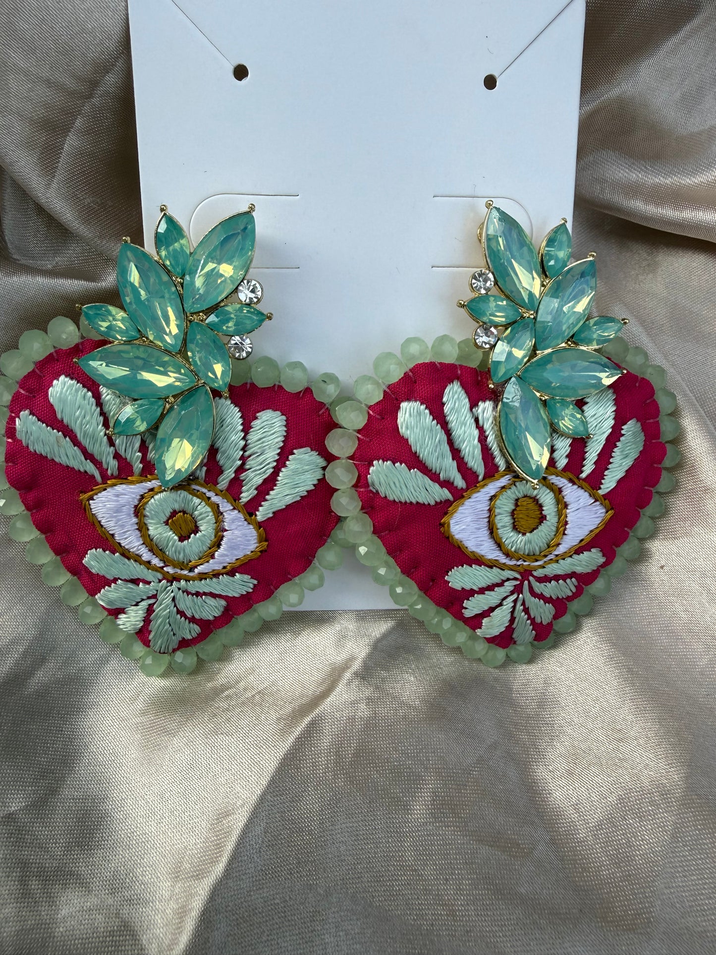 Sacred Heart Earrings with Evil Eye, Mexican Embroidered Jewelry, Statement Crystal Earrings, Handmade Milagro Heart, Unique Gift