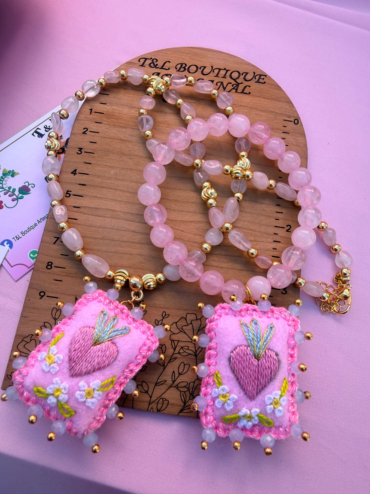 Hand Embroidered Sacred Heart Milagrito Jewelry – Rose Quartz Necklace or Bracelet | Handmade in Mexico 💗✨🌸