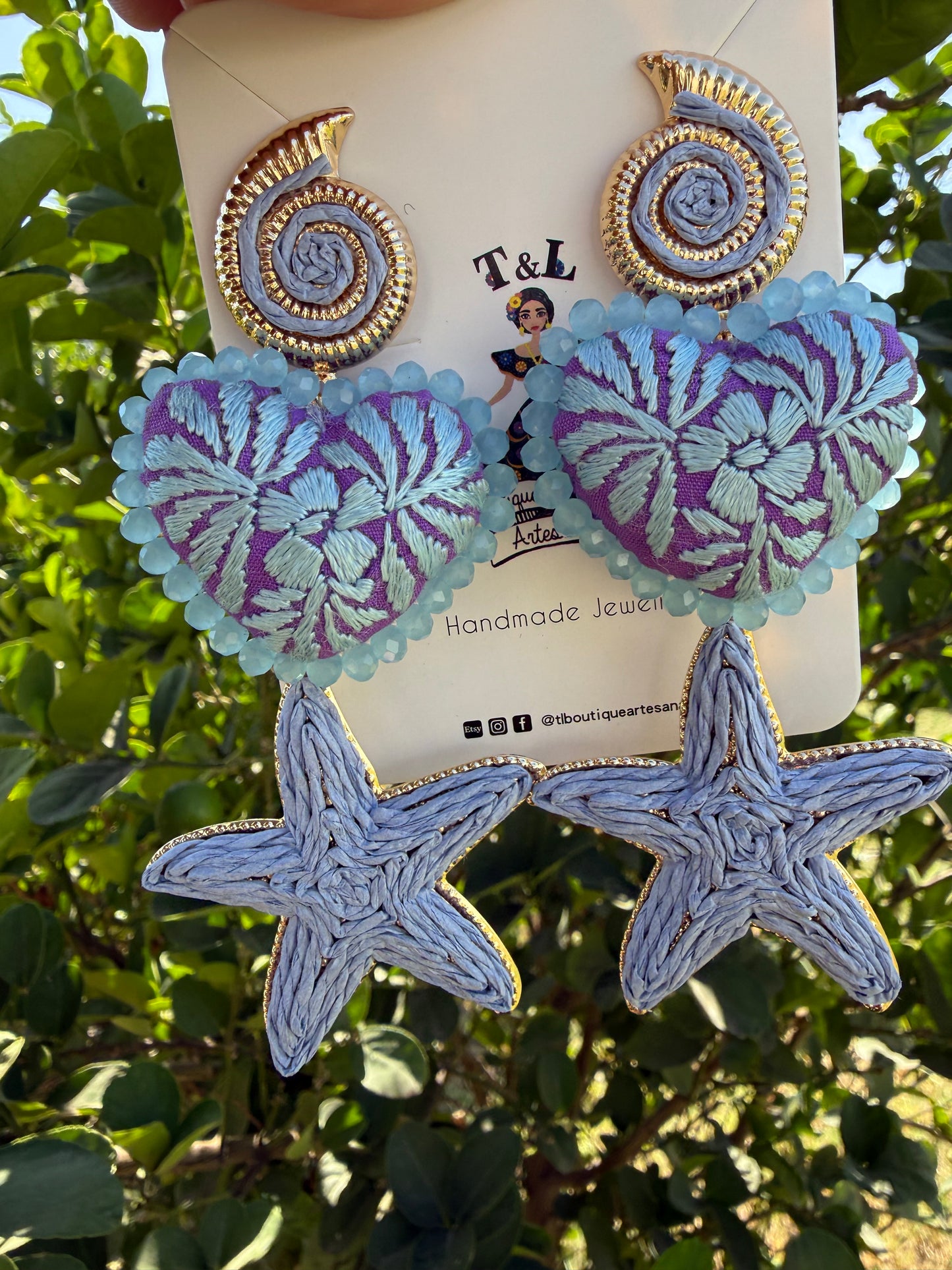 Hand Embroidered Heart Earrings with Starfish, Turquoise Statement Earrings, Coastal Beach Jewelry, Handmade Mexican Artisan Earrings / fiuccia/azul