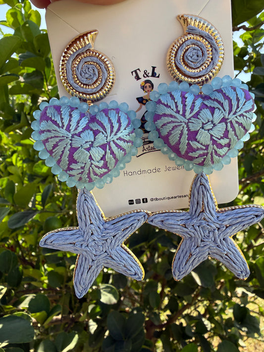 Hand Embroidered Heart Earrings with Starfish, Turquoise Statement Earrings, Coastal Beach Jewelry, Handmade Mexican Artisan Earrings / fiuccia/azul