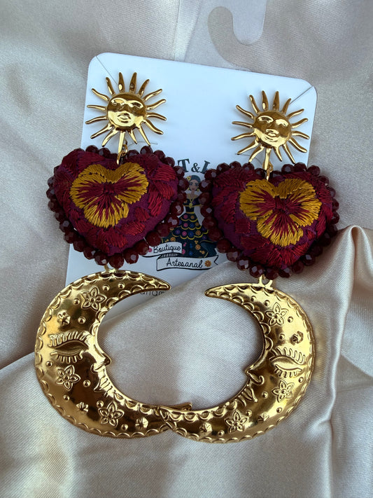 Aretes de corazon bordado/unicos/aretes de luna
